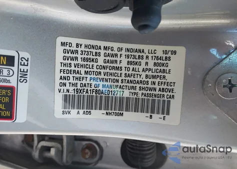 2010 Honda Civic Ex z USA, uszkodzony, nr VIN 19XFA1F80AE012717